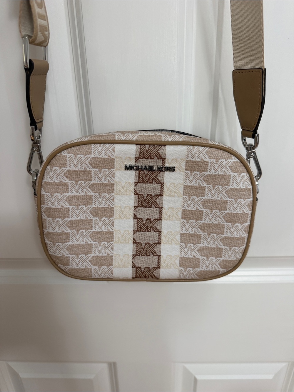 Michael Kors Beige and White MK Logo Crossbody Bag